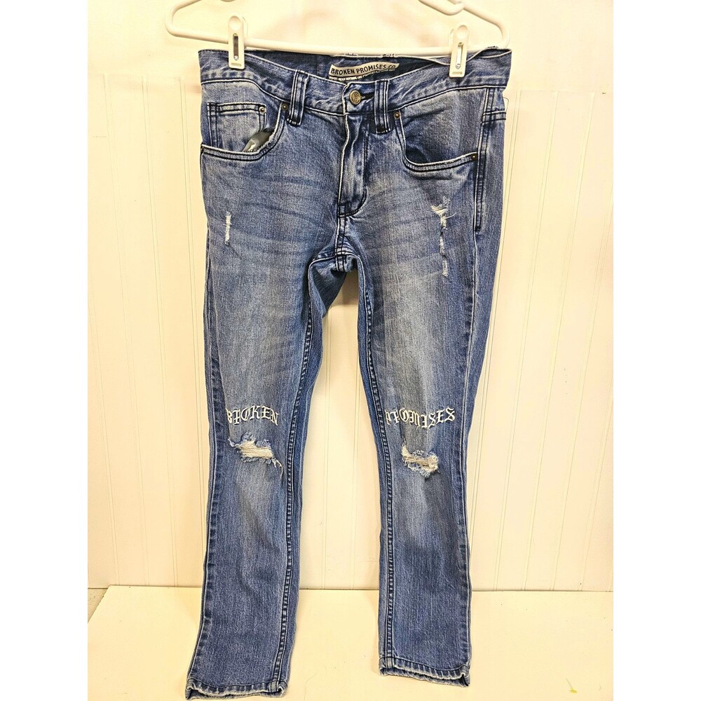 Broken Promises Men's Blue Distressed Denim Jeans Slim Straight Embroidered Logo